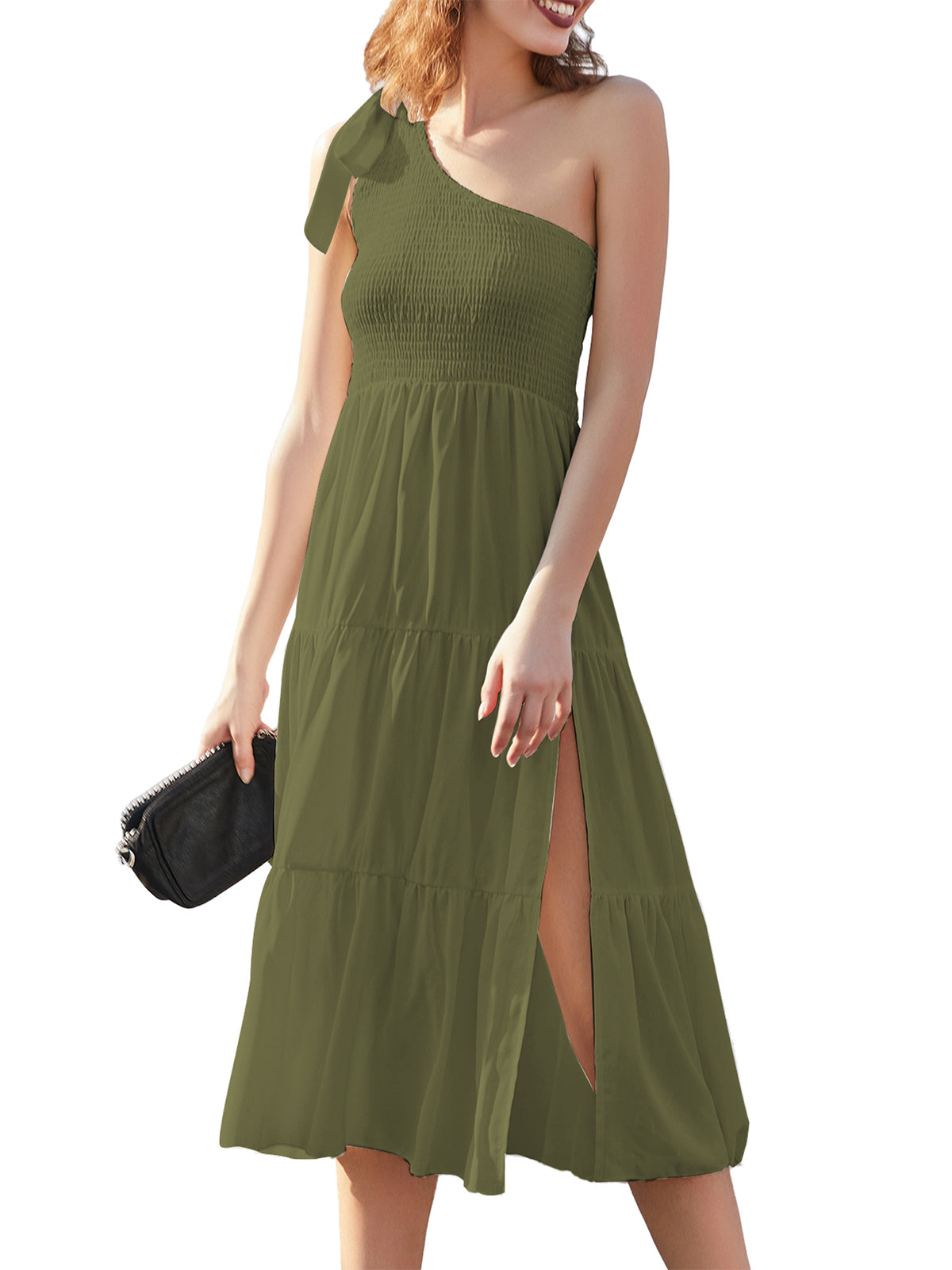 One-Shoulder Slit Hem Midi Dress