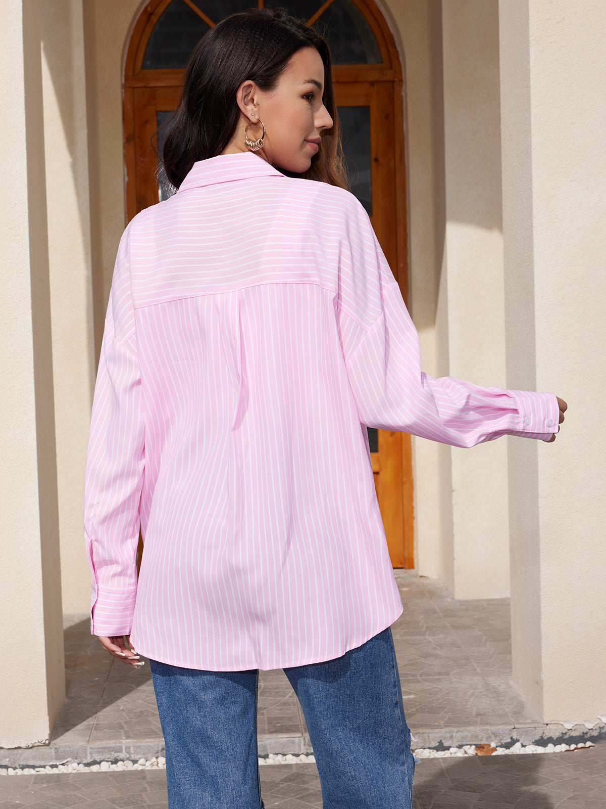 Stripe V Neck Button Down Shirts
