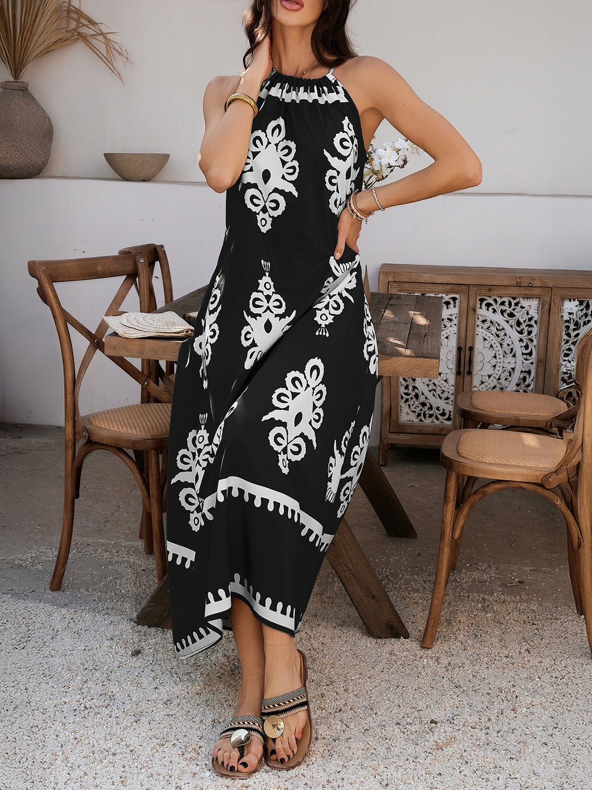 Print Halter Spaghetti Dress