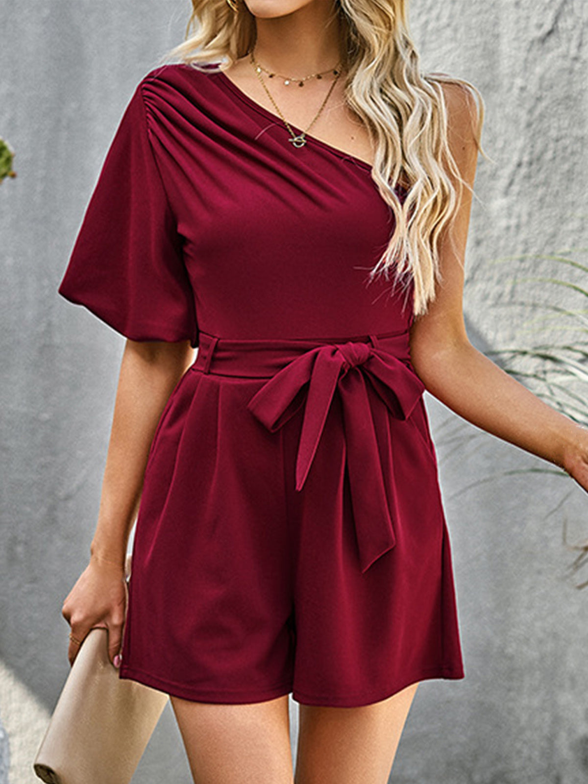 One Shoulder Belted Jumpsuit