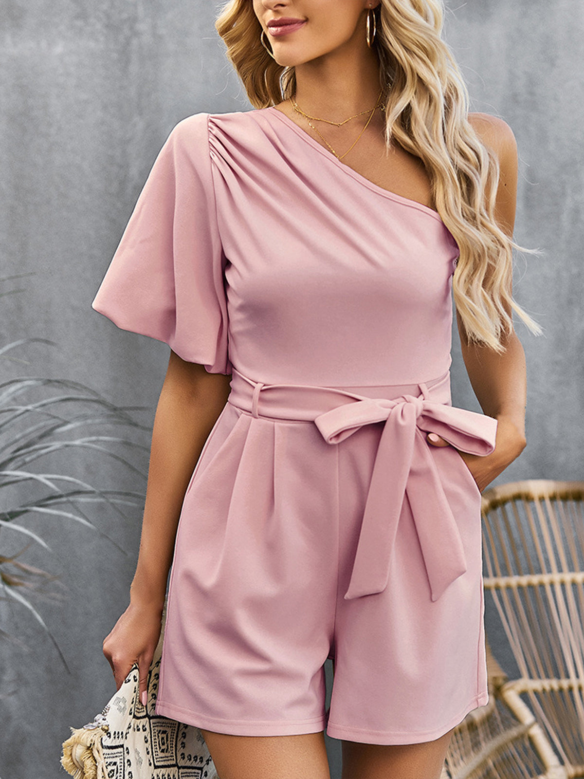 One Shoulder Belted Jumpsuit