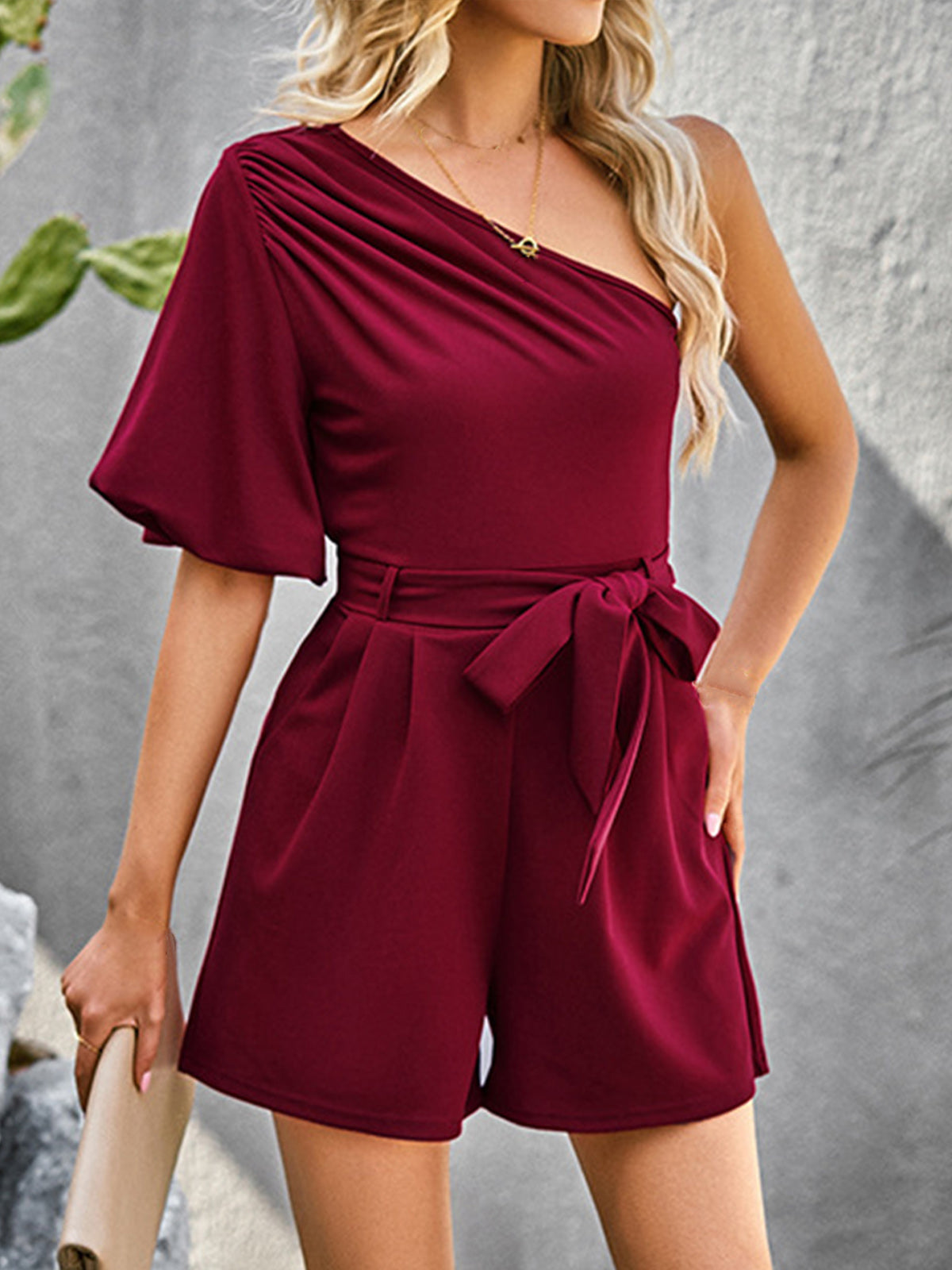 One Shoulder Belted Jumpsuit