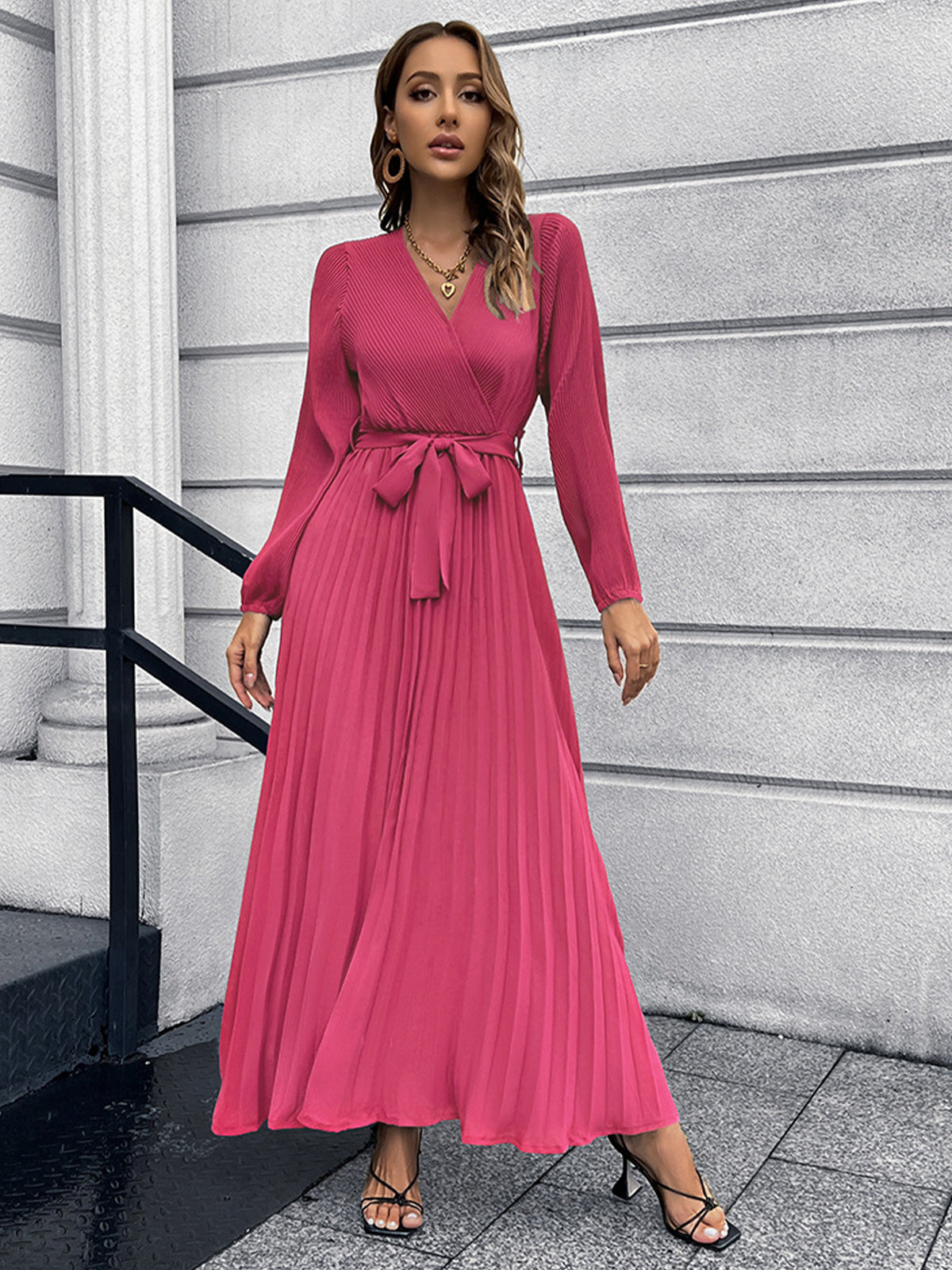 V Neck Tie Waist Pleated Dress