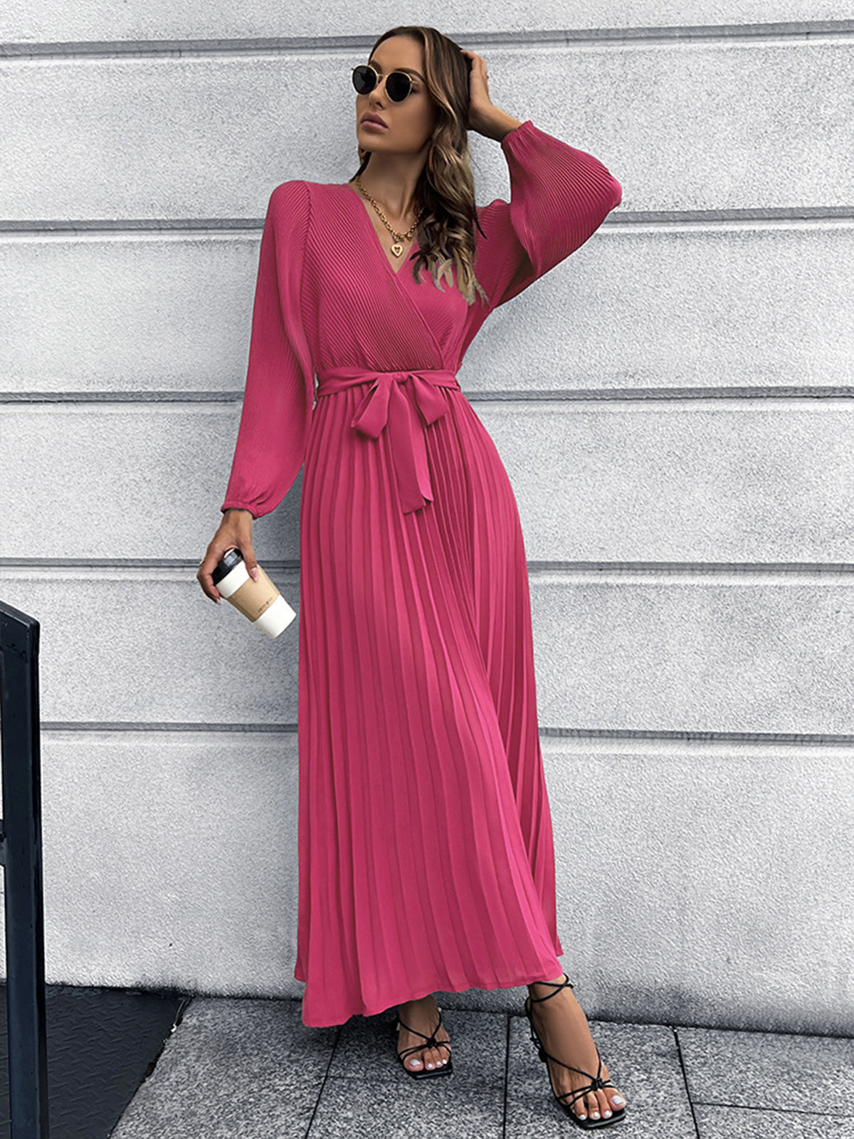 V Neck Tie Waist Pleated Dress