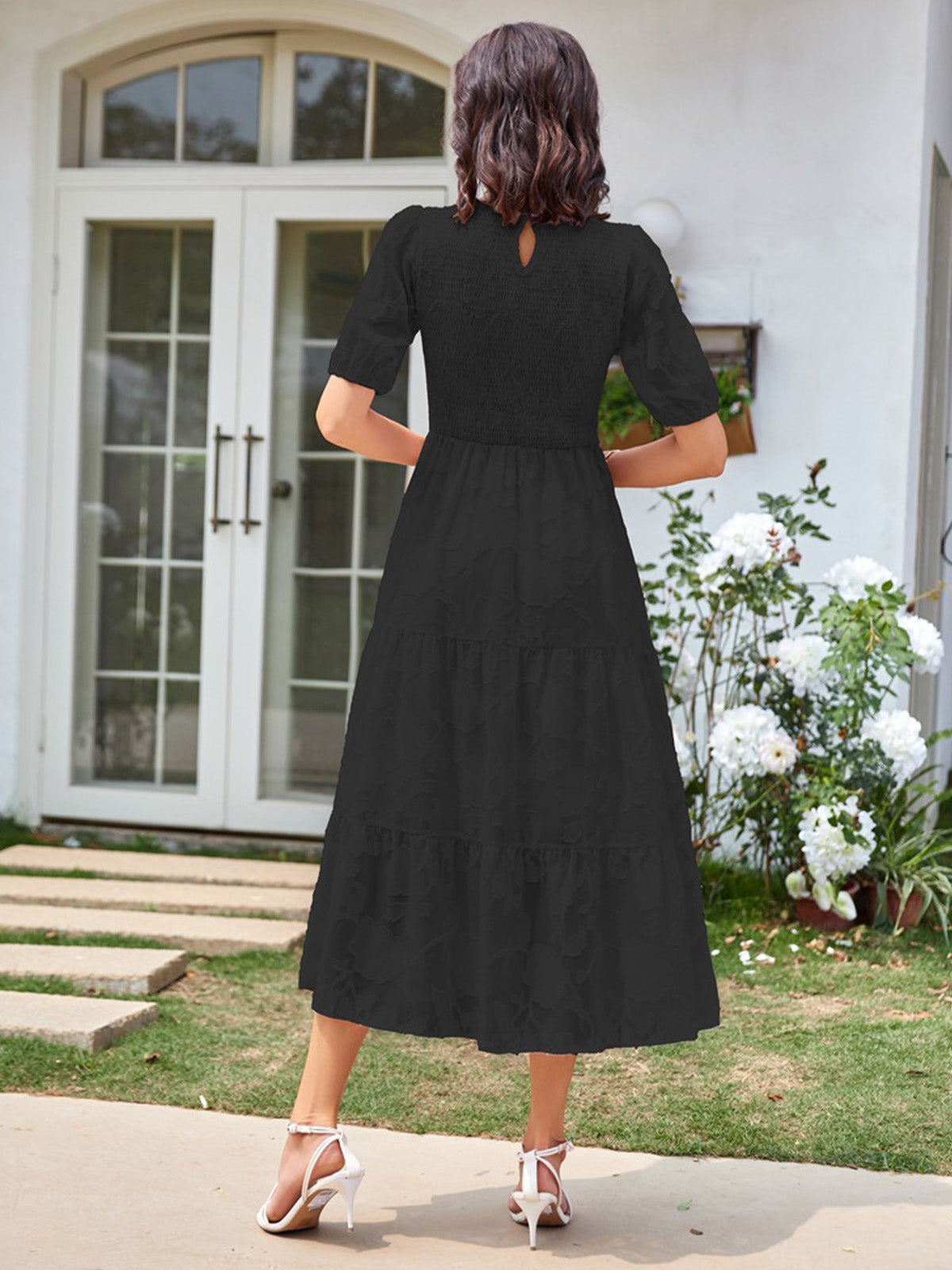 Round Neck Ruffled Bubble Sleeve Dress