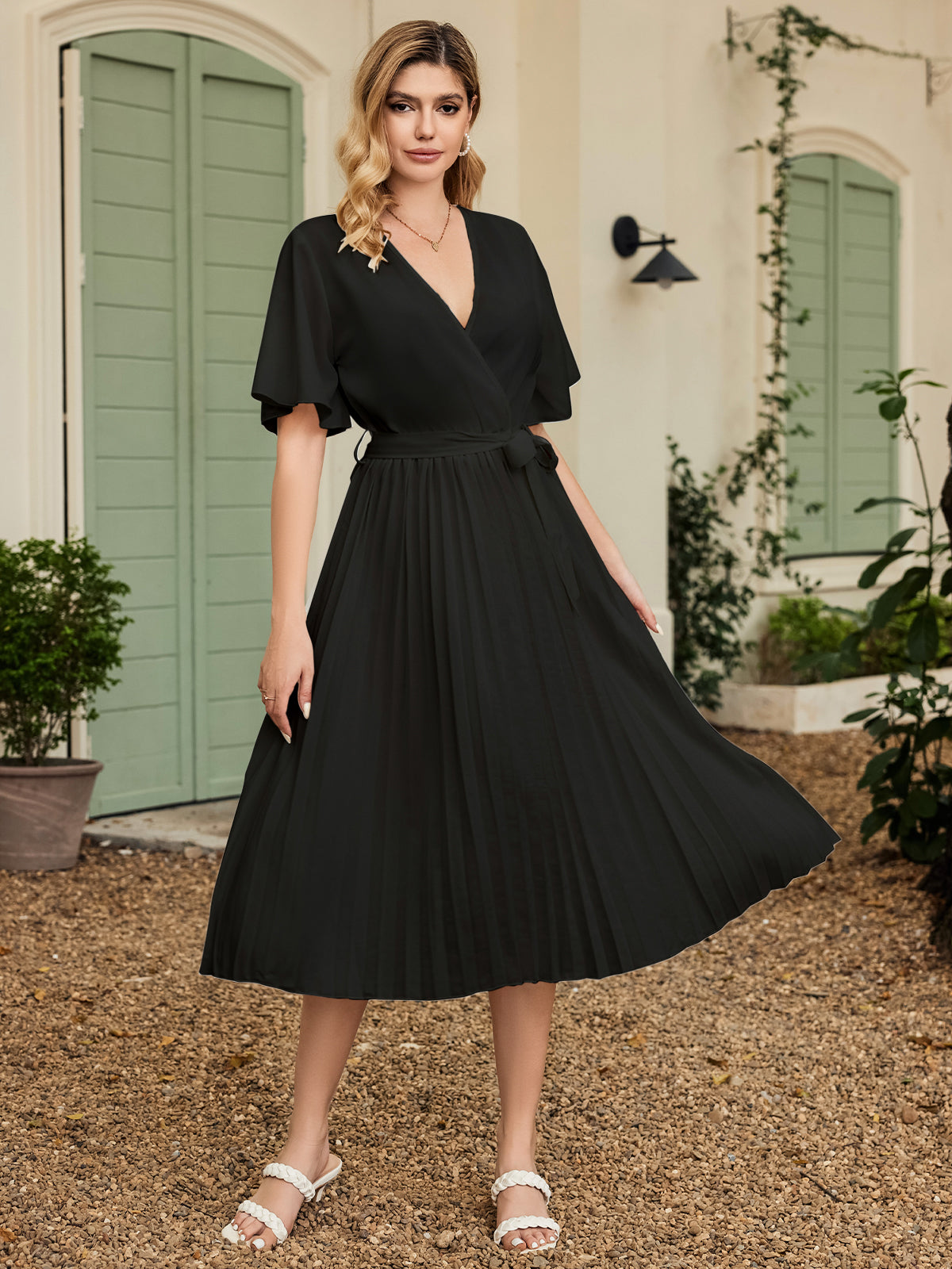 V-Neck Tie Waist Pleated Dress