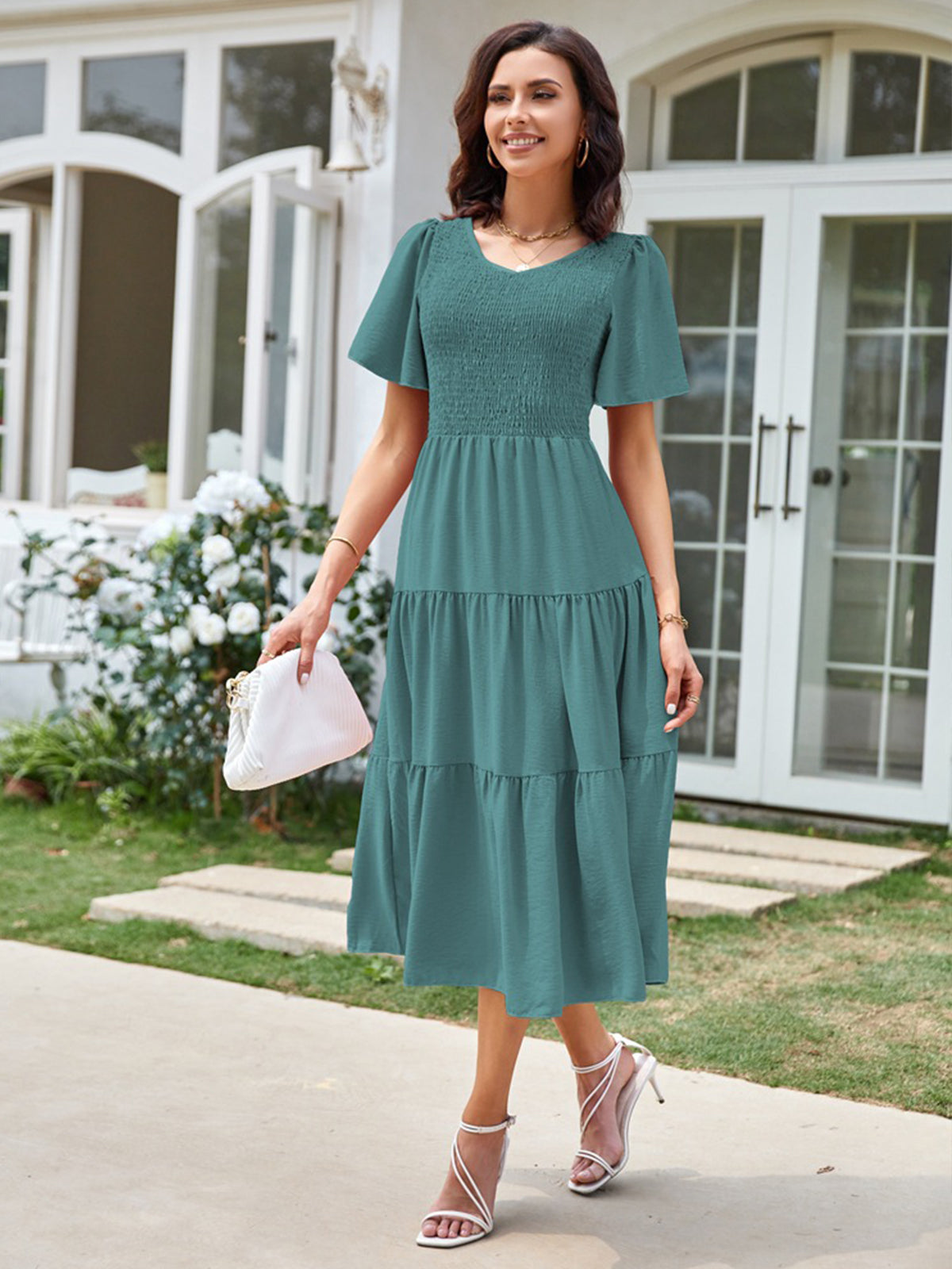 V Neck Pleated Layered Dress