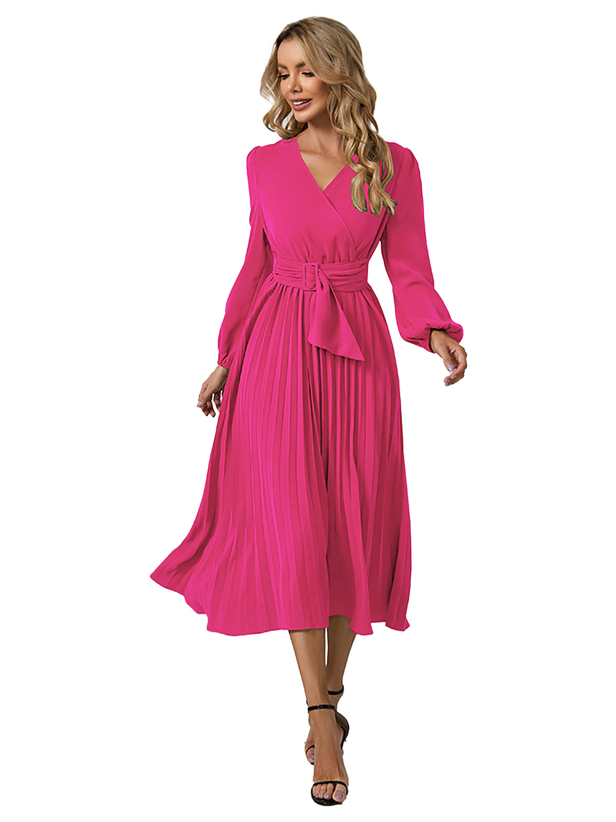 V Neck Long Sleeve A Line Pleated Dress