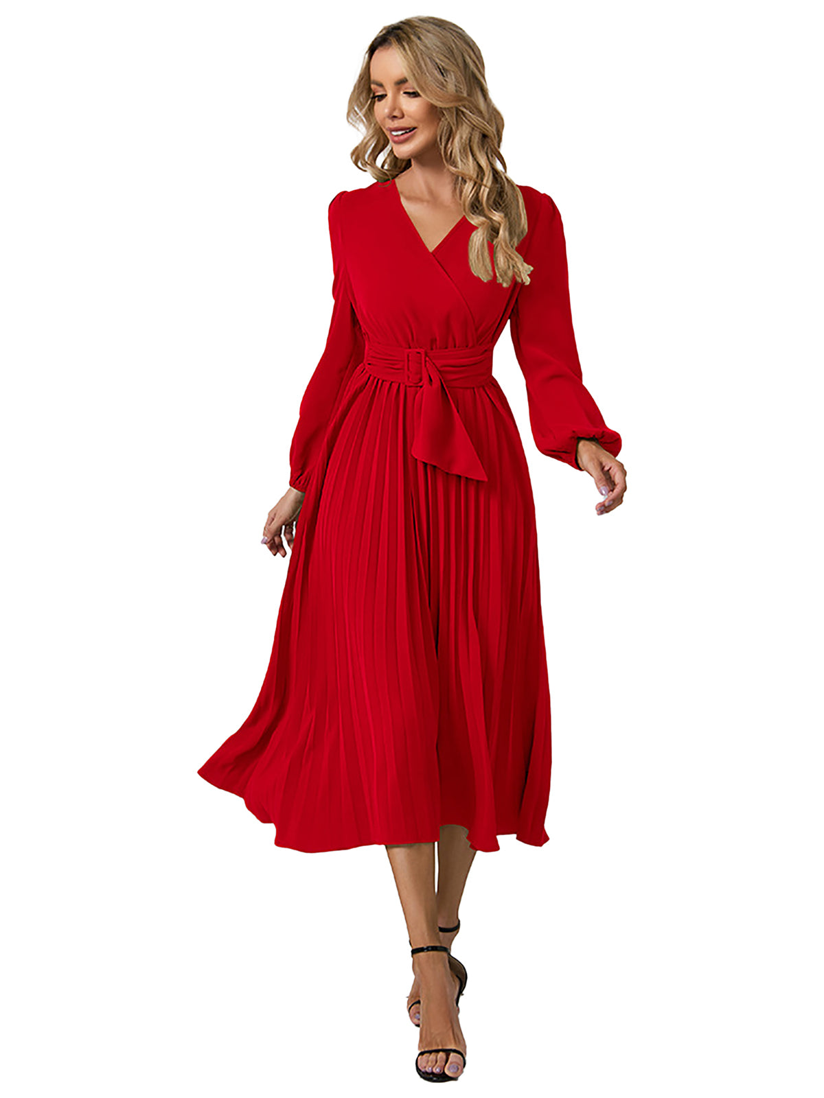 V Neck Long Sleeve A Line Pleated Dress