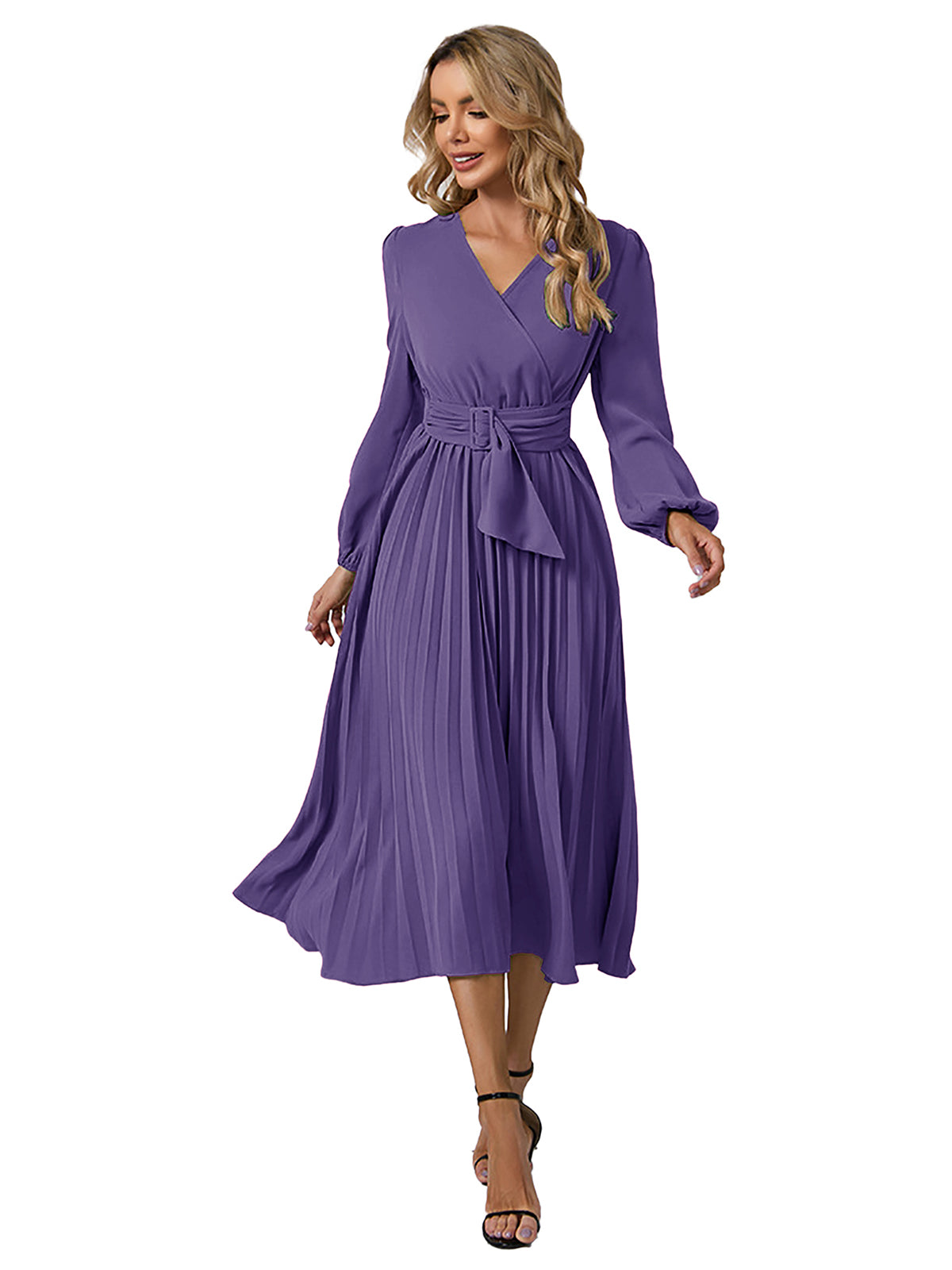 V Neck Long Sleeve A Line Pleated Dress