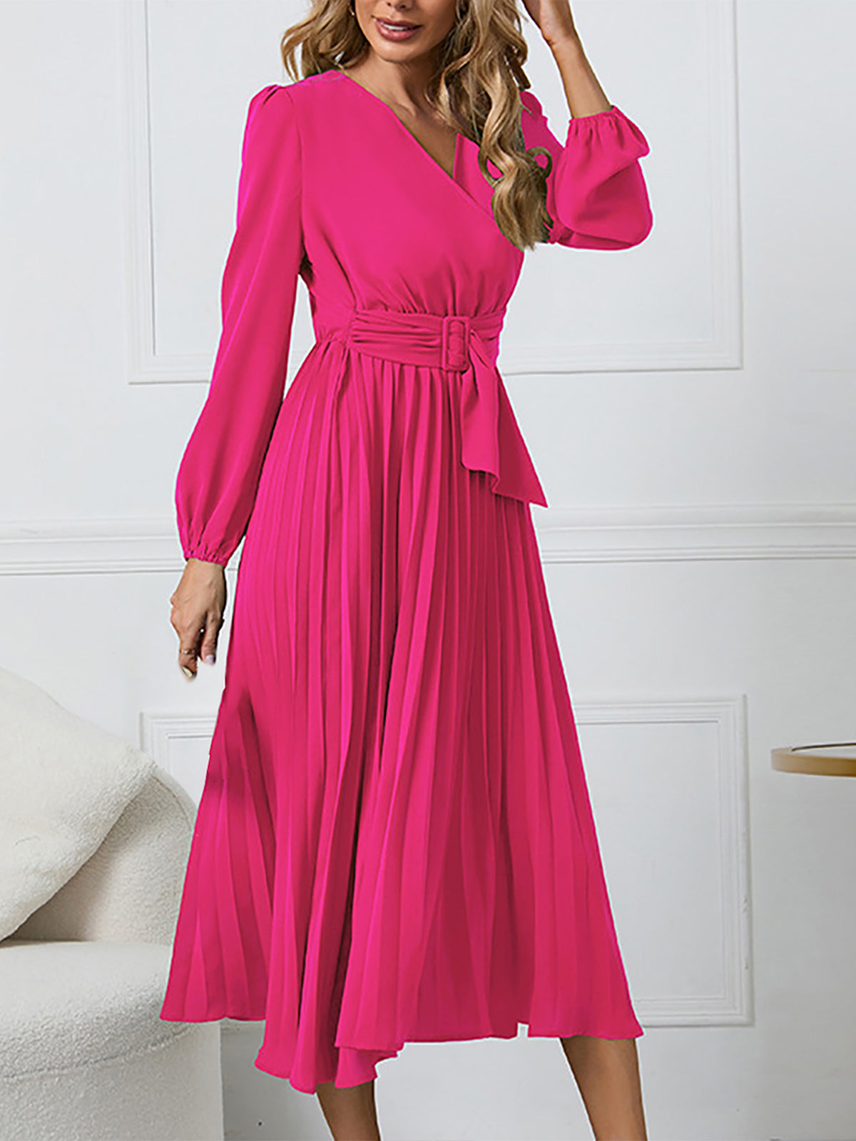 V Neck Long Sleeve A Line Pleated Dress