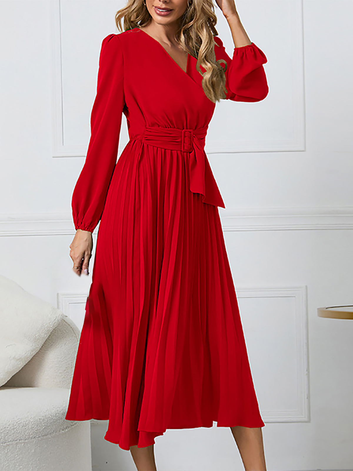 V Neck Long Sleeve A Line Pleated Dress