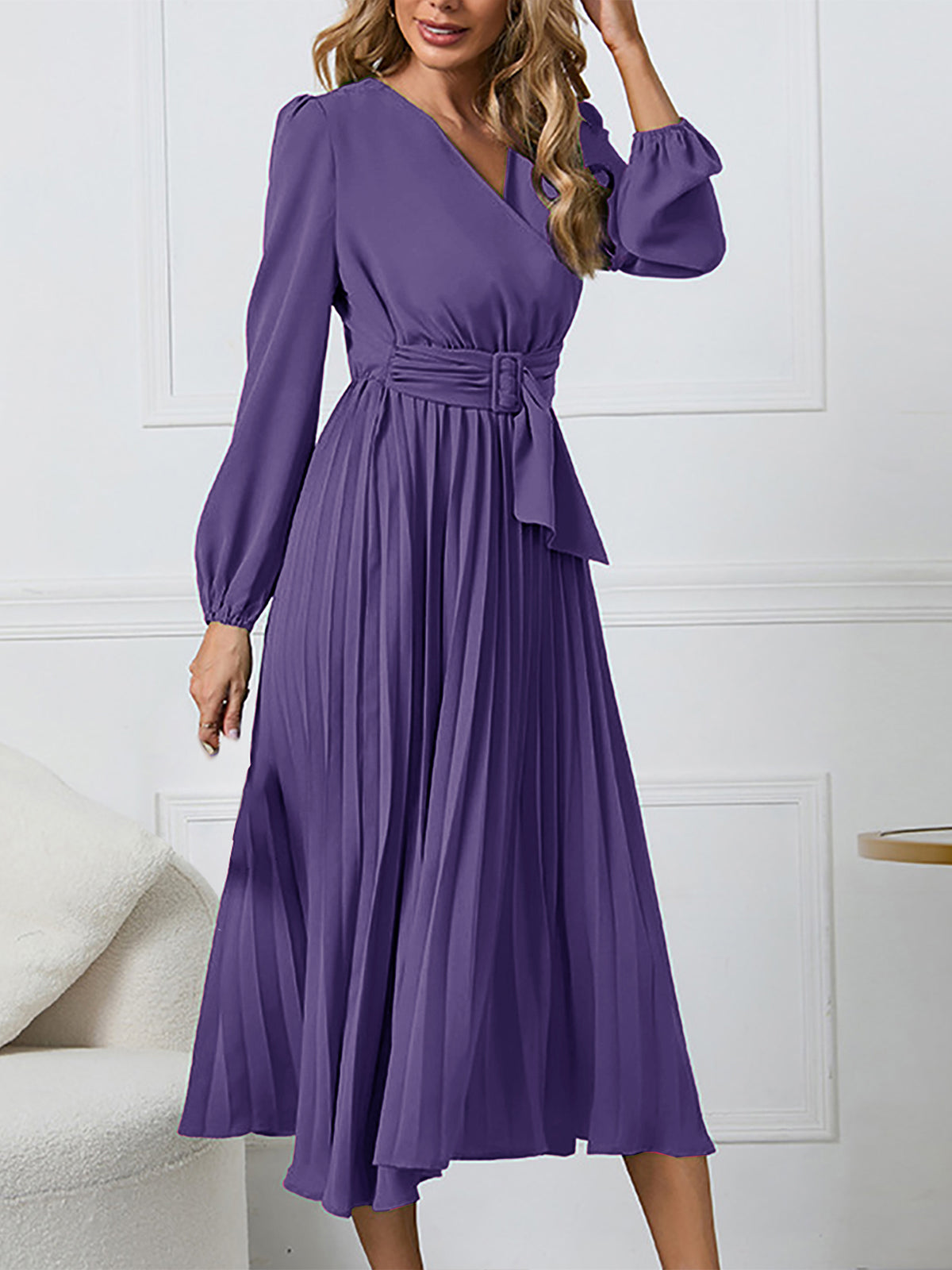 V Neck Long Sleeve A Line Pleated Dress