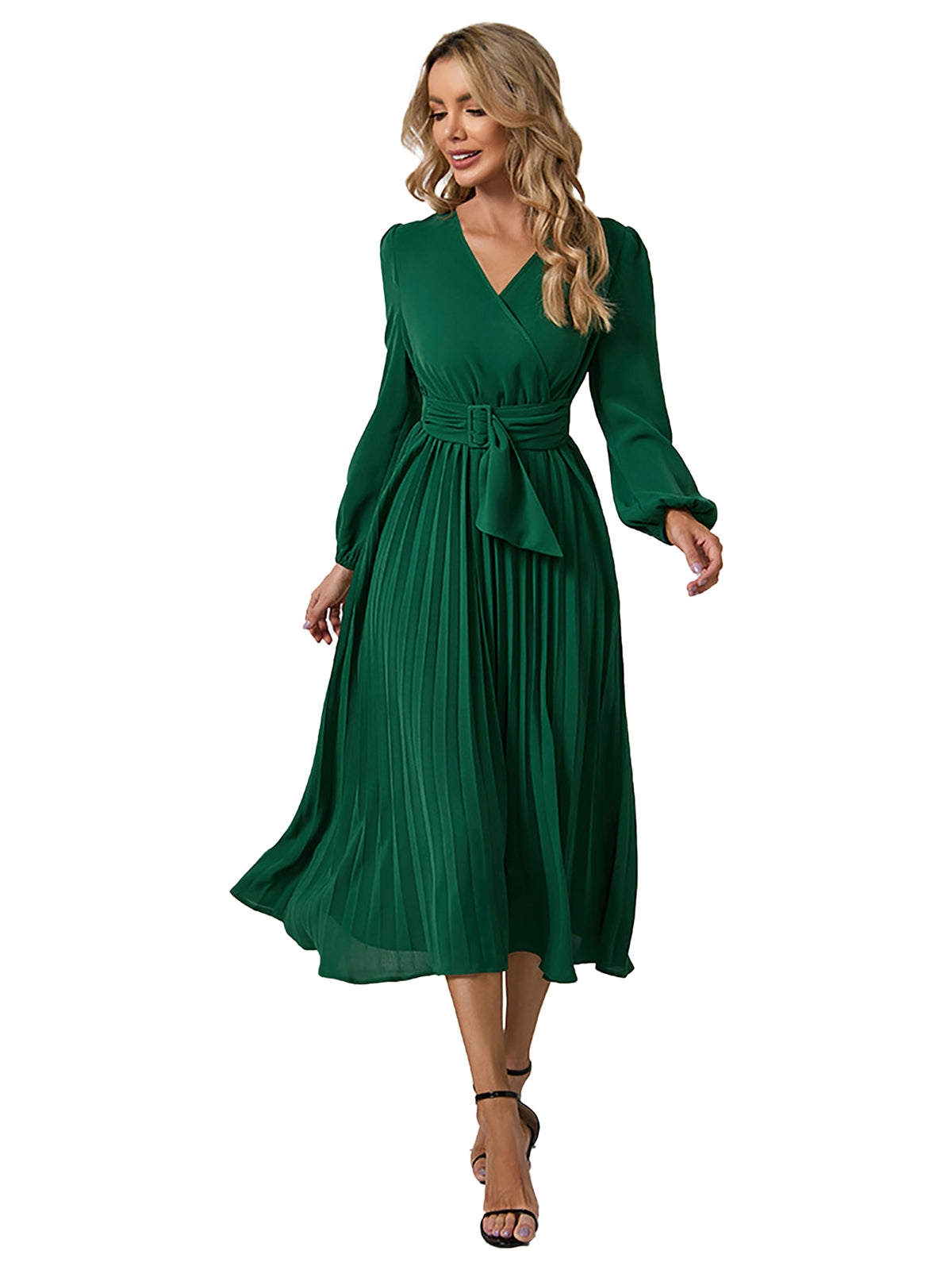 V Neck Long Sleeve A Line Pleated Dress