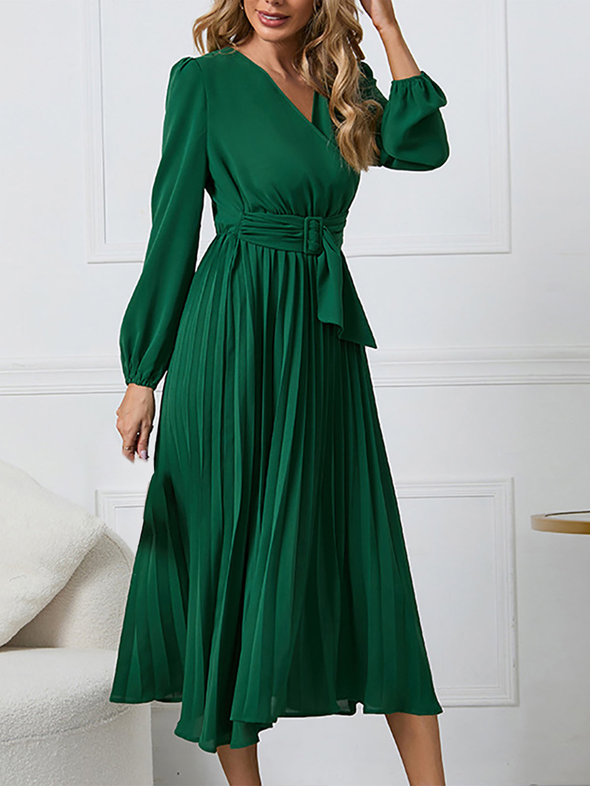 V Neck Long Sleeve A Line Pleated Dress