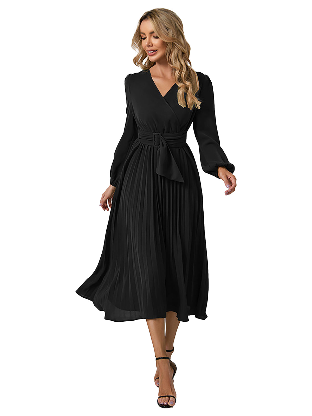 V Neck Long Sleeve A Line Pleated Dress