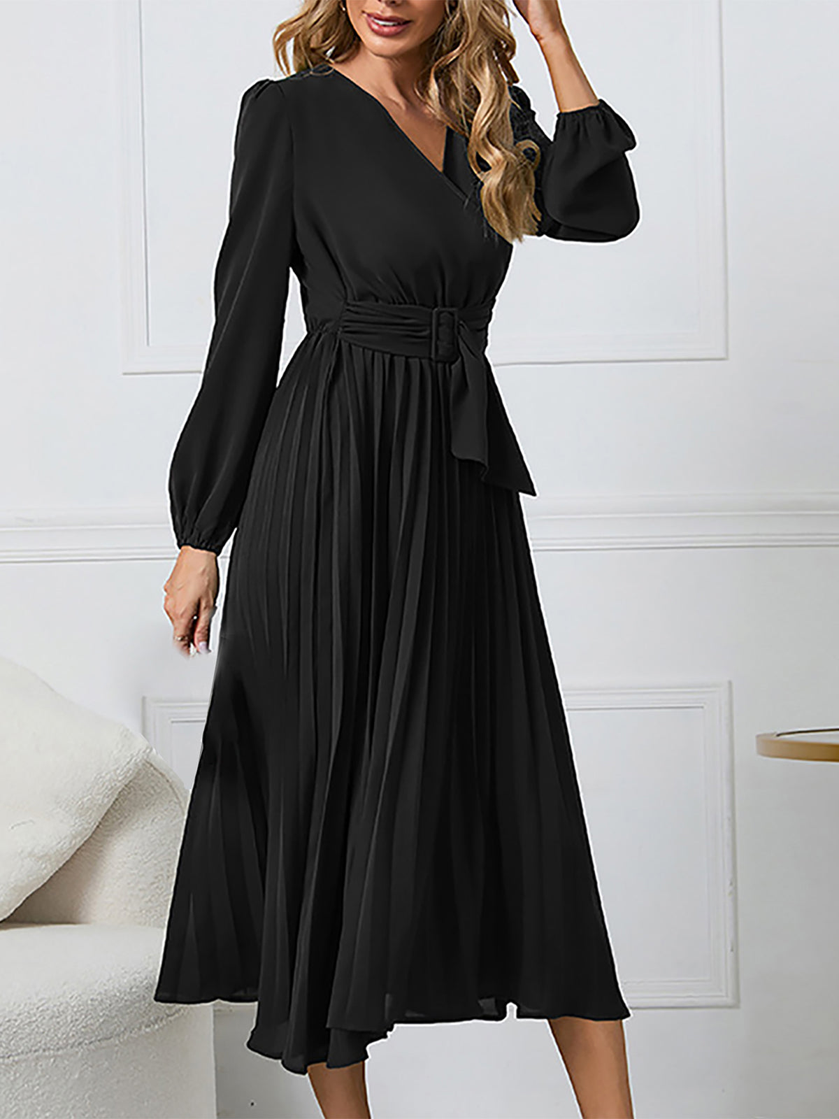 V Neck Long Sleeve A Line Pleated Dress