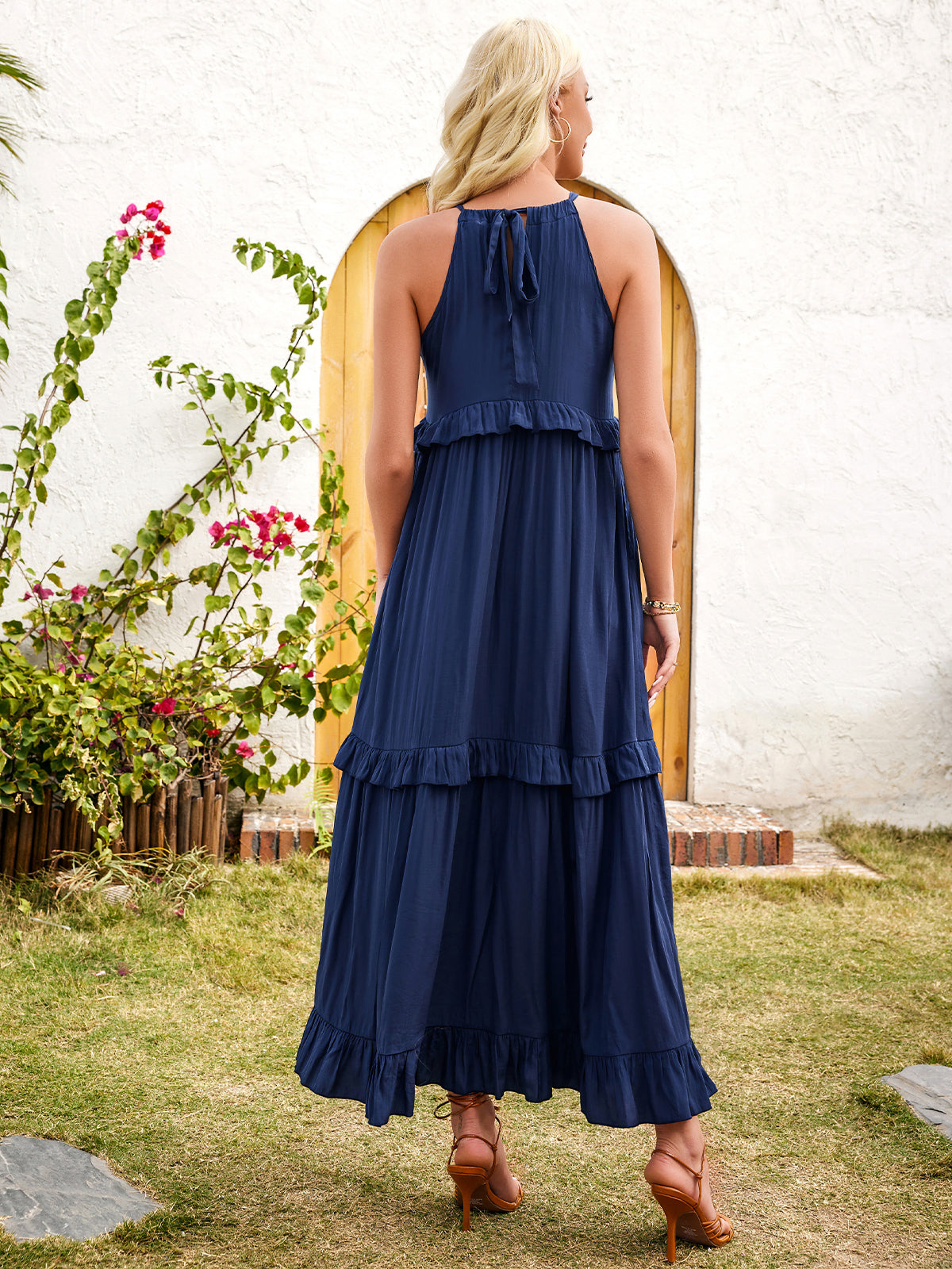Halter Spaghetti Strap Sleeveless Tiered Maxi Dress