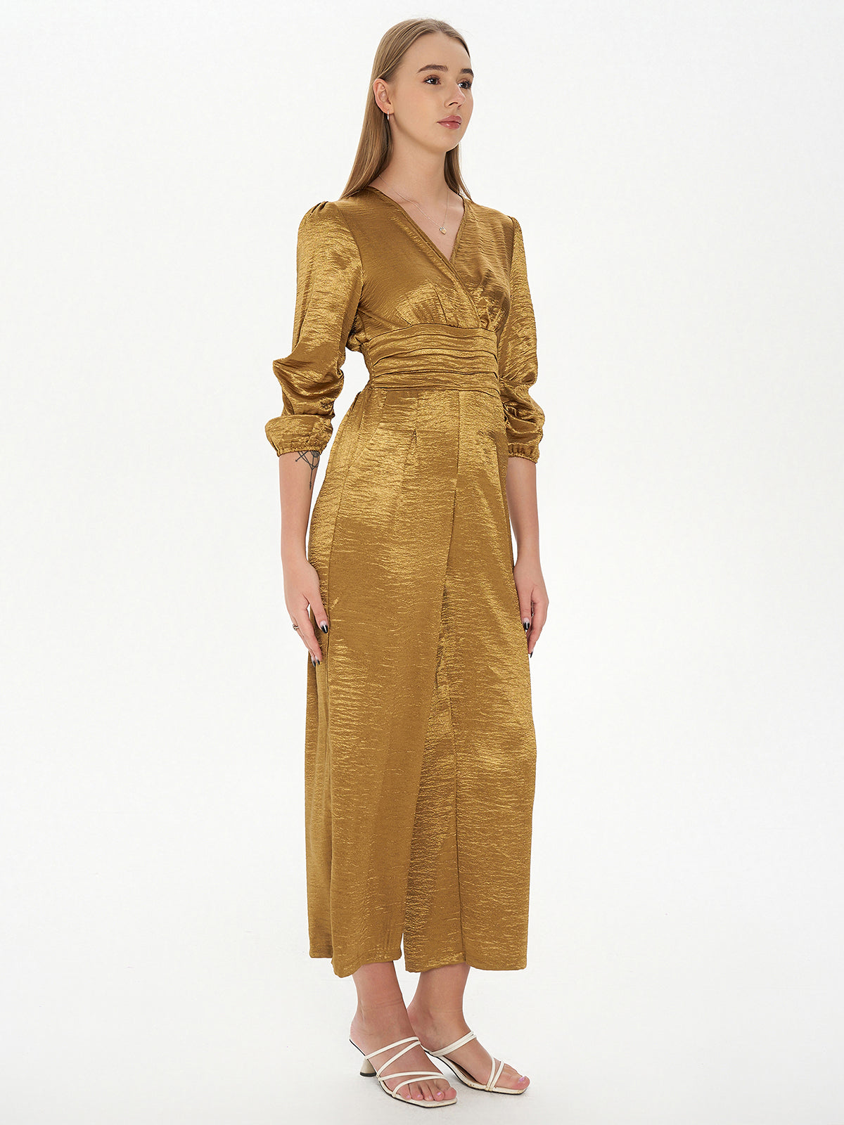 Solid V-Neck Pleat Jumpsuit