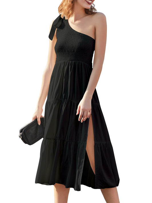 One-Shoulder Slit Hem Midi Dress