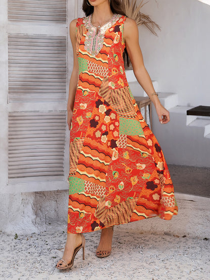Bohemian Contrast Sleeveless Dress