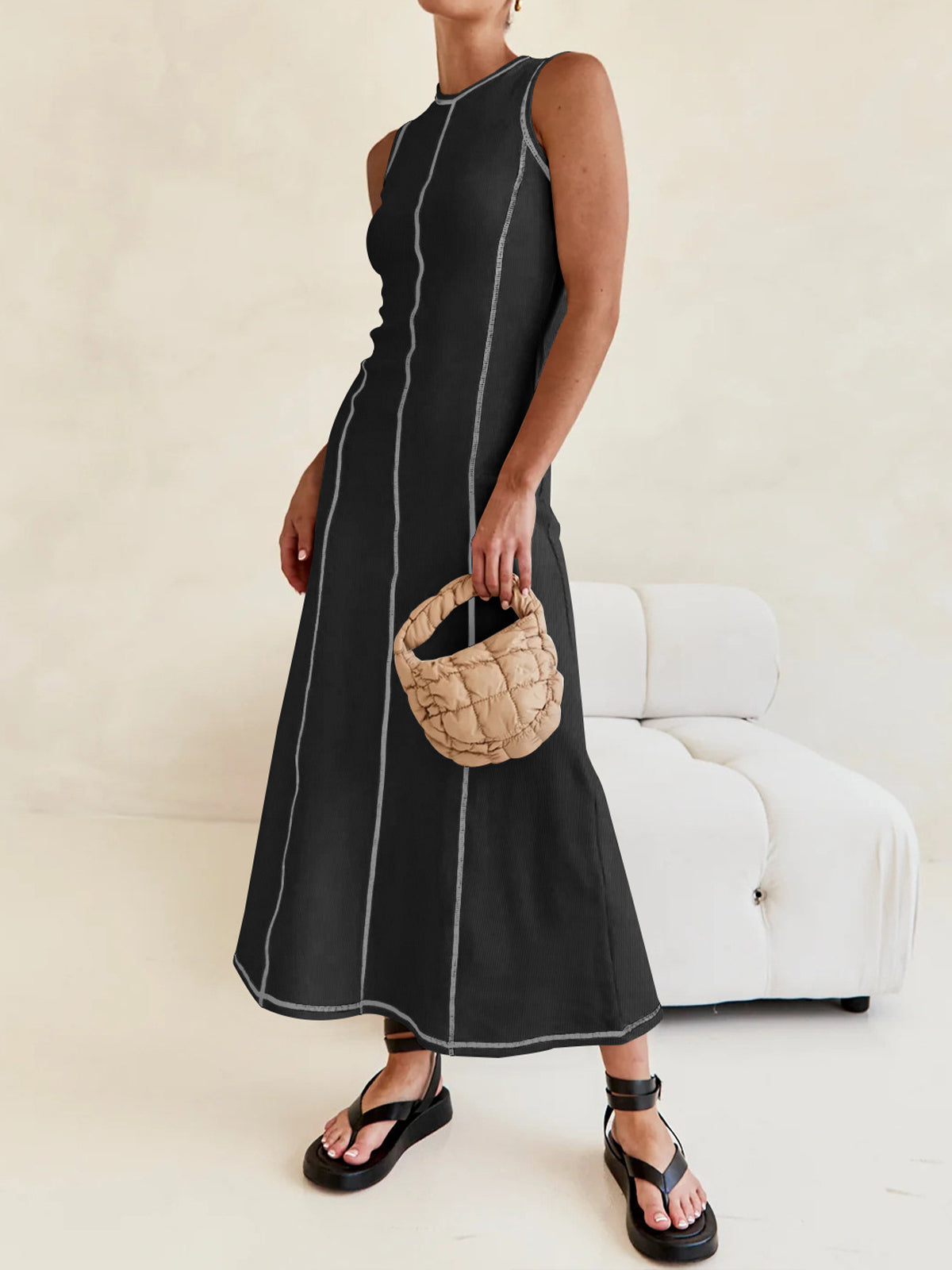 Contrast Piping Sleeveless Dress