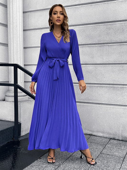 V Neck Tie Waist Pleated Dress