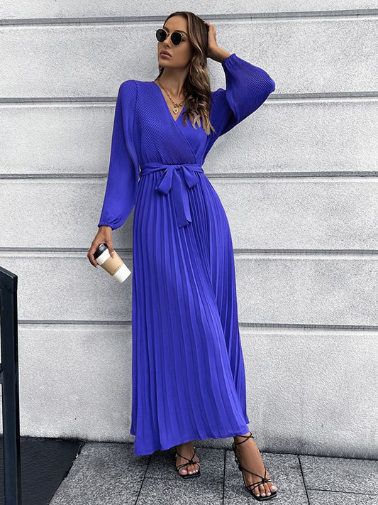 V Neck Tie Waist Pleated Dress