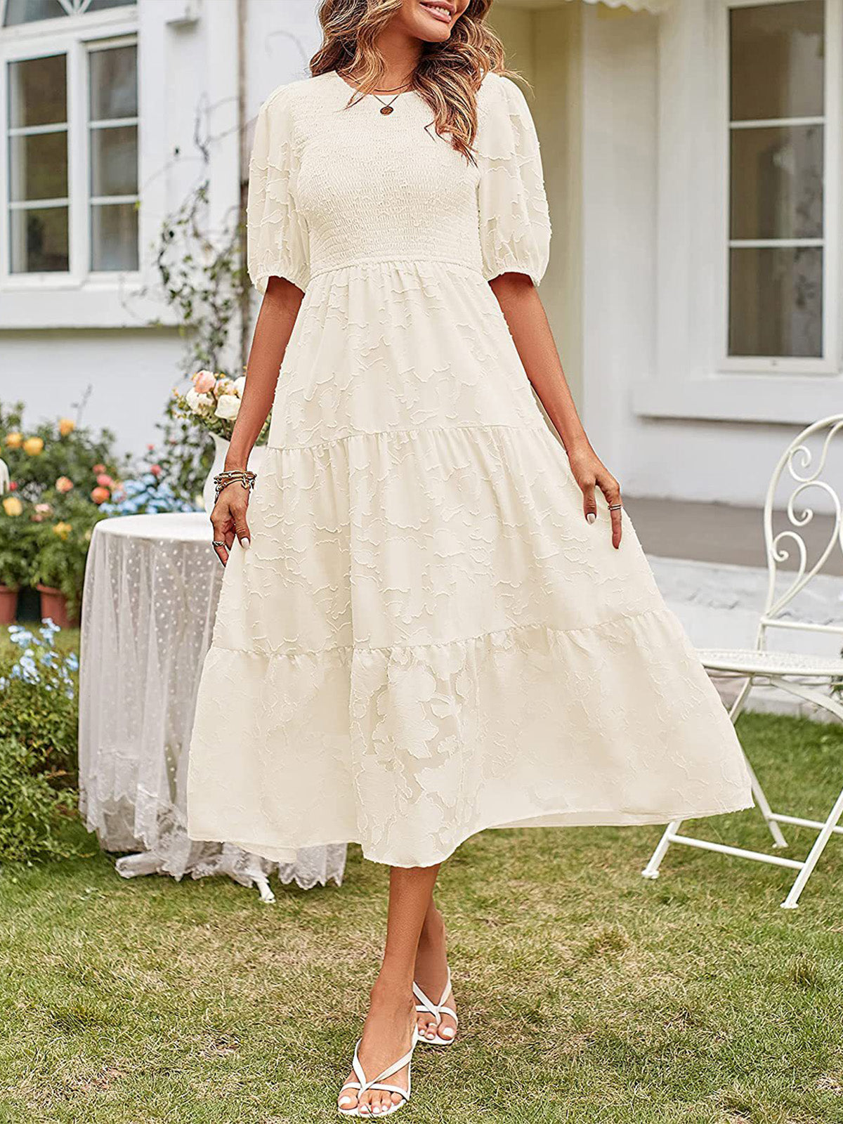 Round Neck Ruffled Bubble Sleeve Dress