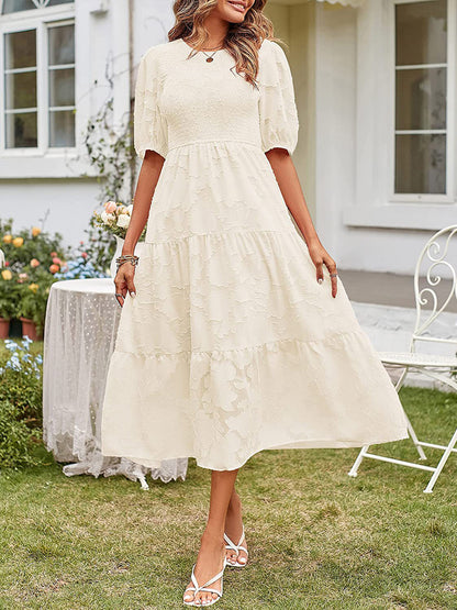 Round Neck Ruffled Bubble Sleeve Dress