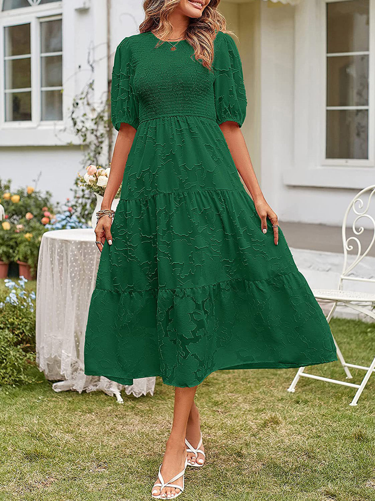 Round Neck Ruffled Bubble Sleeve Dress