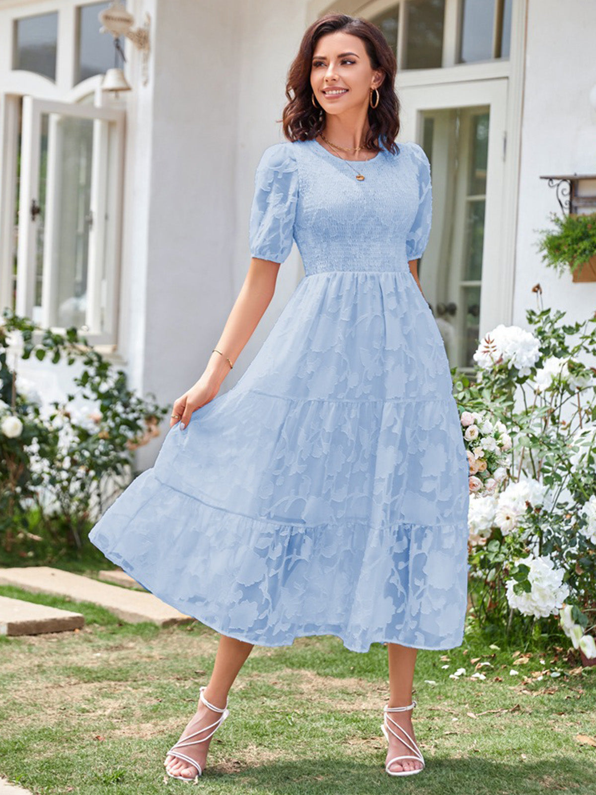 Round Neck Ruffled Bubble Sleeve Dress