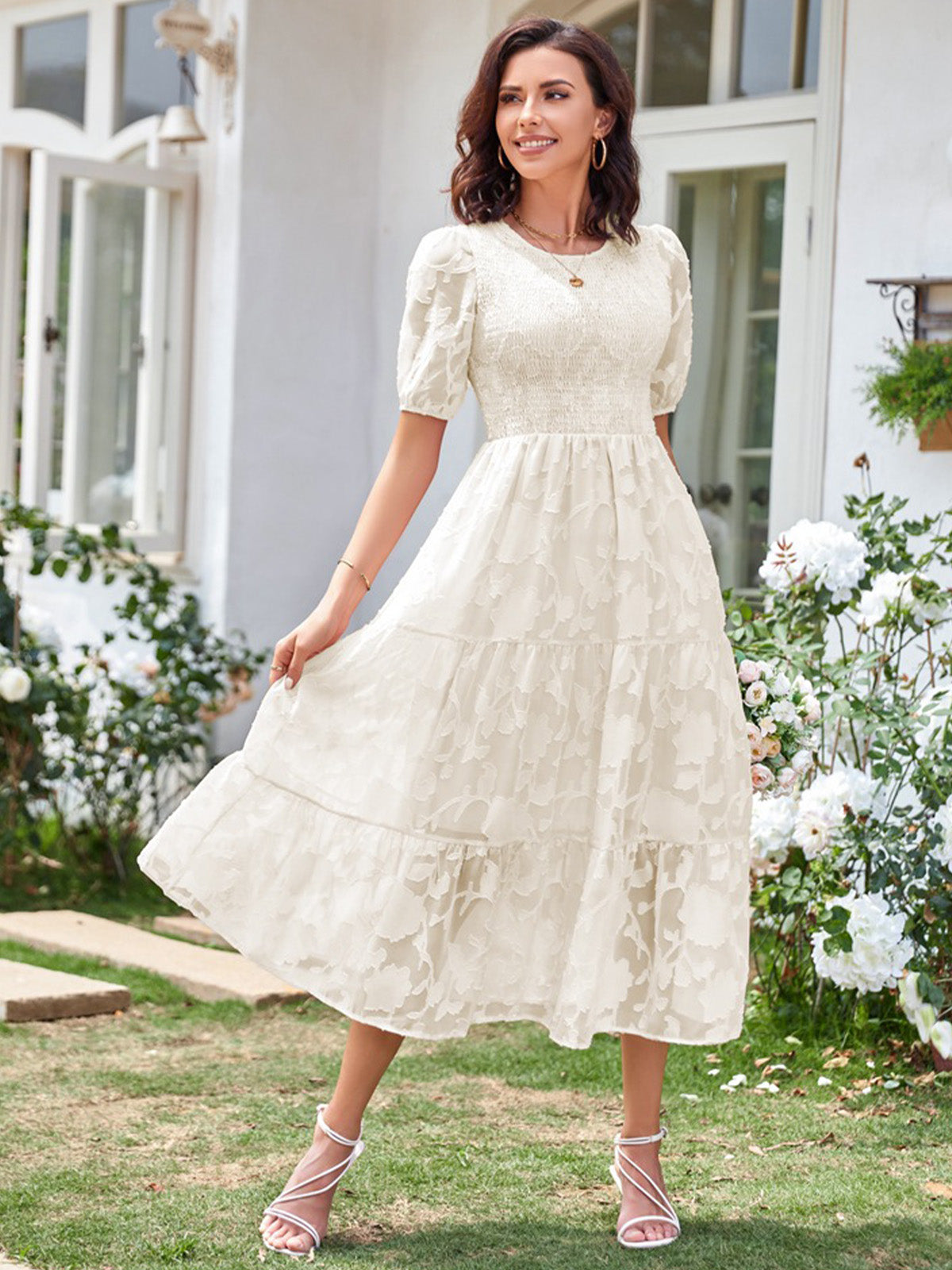 Round Neck Ruffled Bubble Sleeve Dress