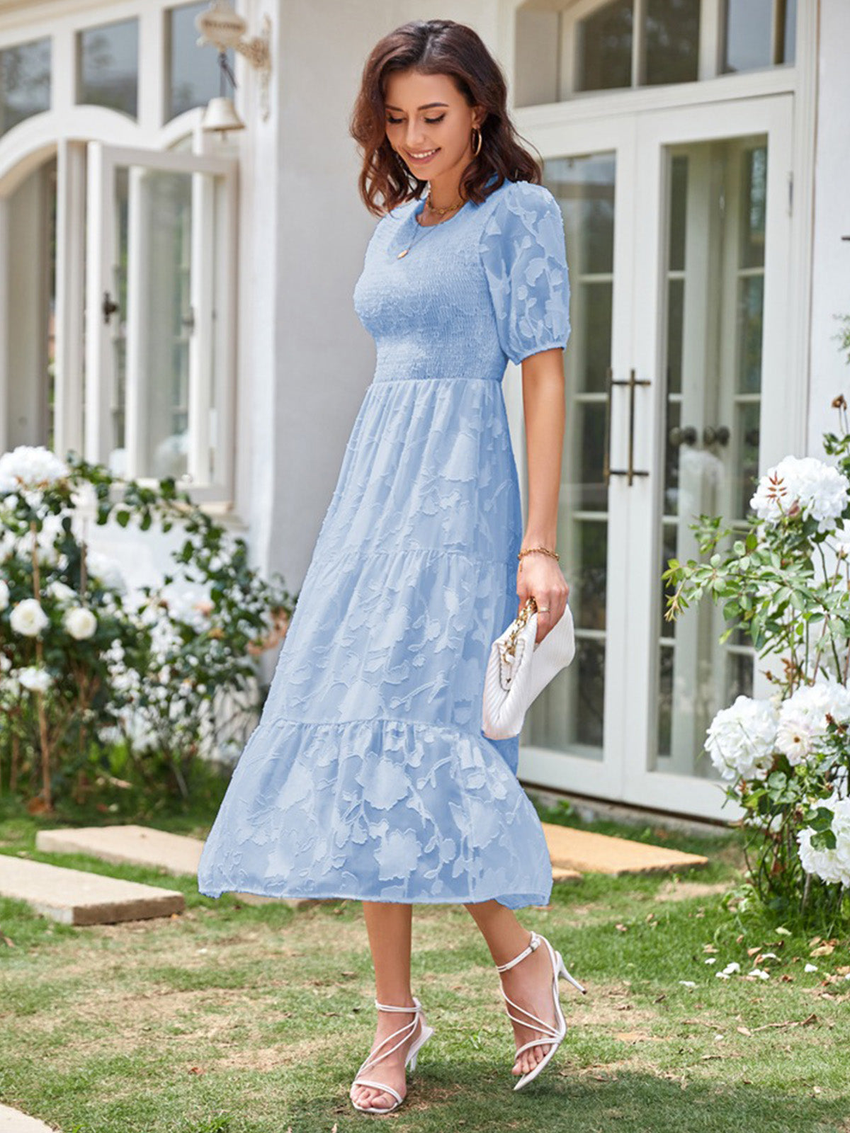 Round Neck Ruffled Bubble Sleeve Dress