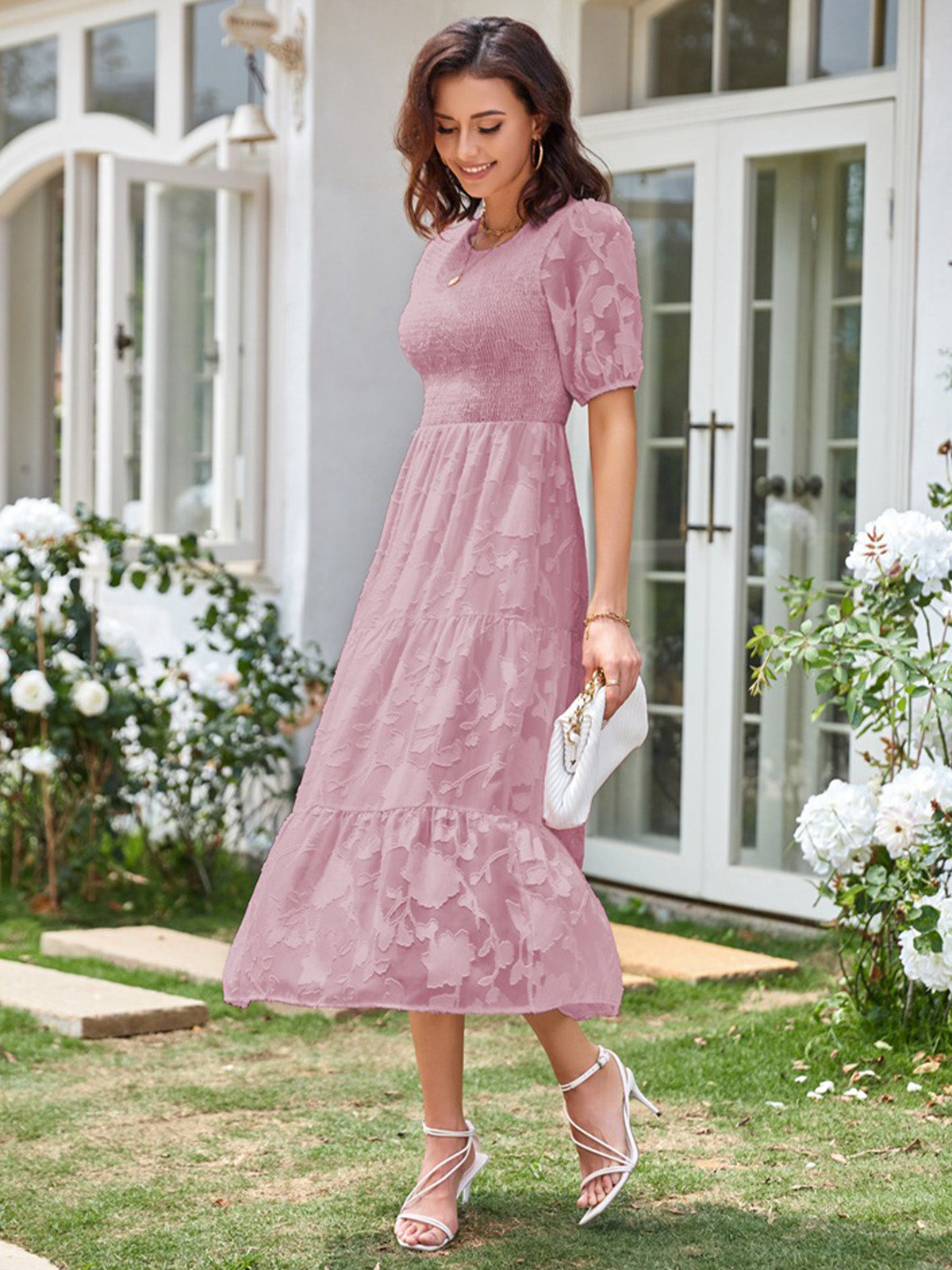 Round Neck Ruffled Bubble Sleeve Dress
