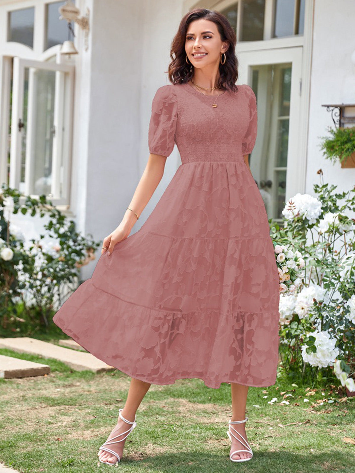 Round Neck Ruffled Bubble Sleeve Dress