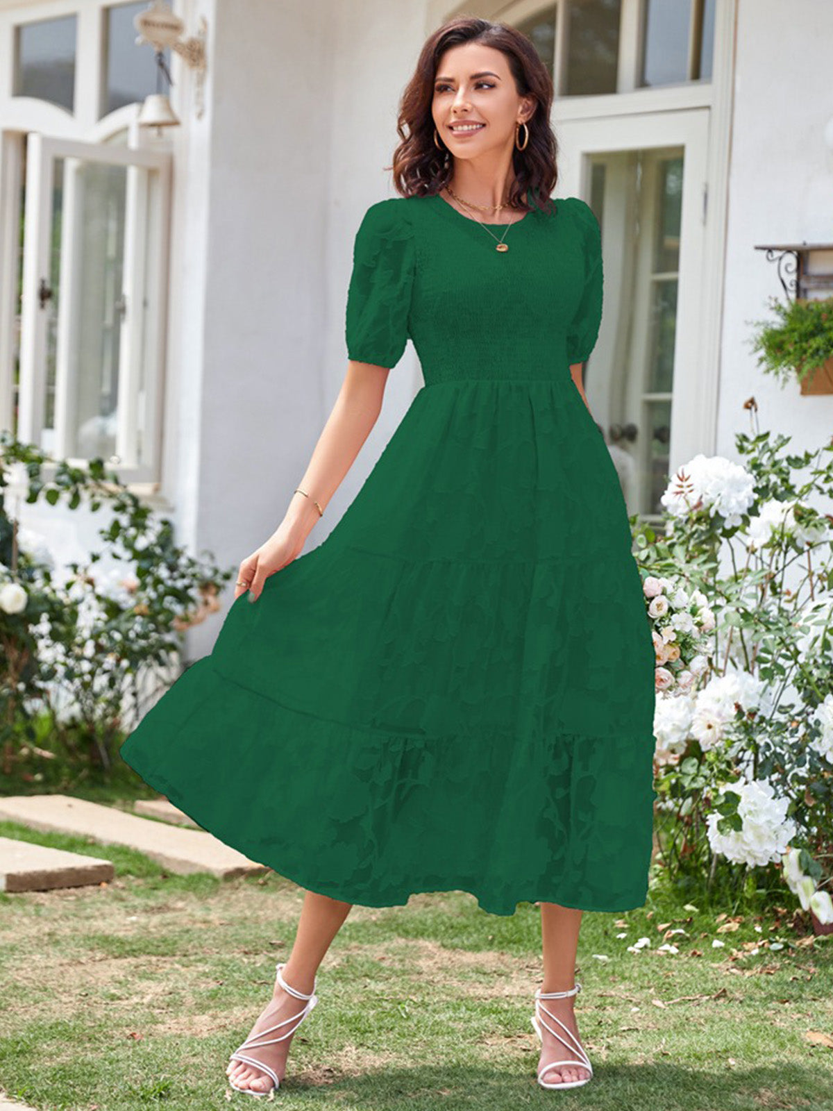 Round Neck Ruffled Bubble Sleeve Dress