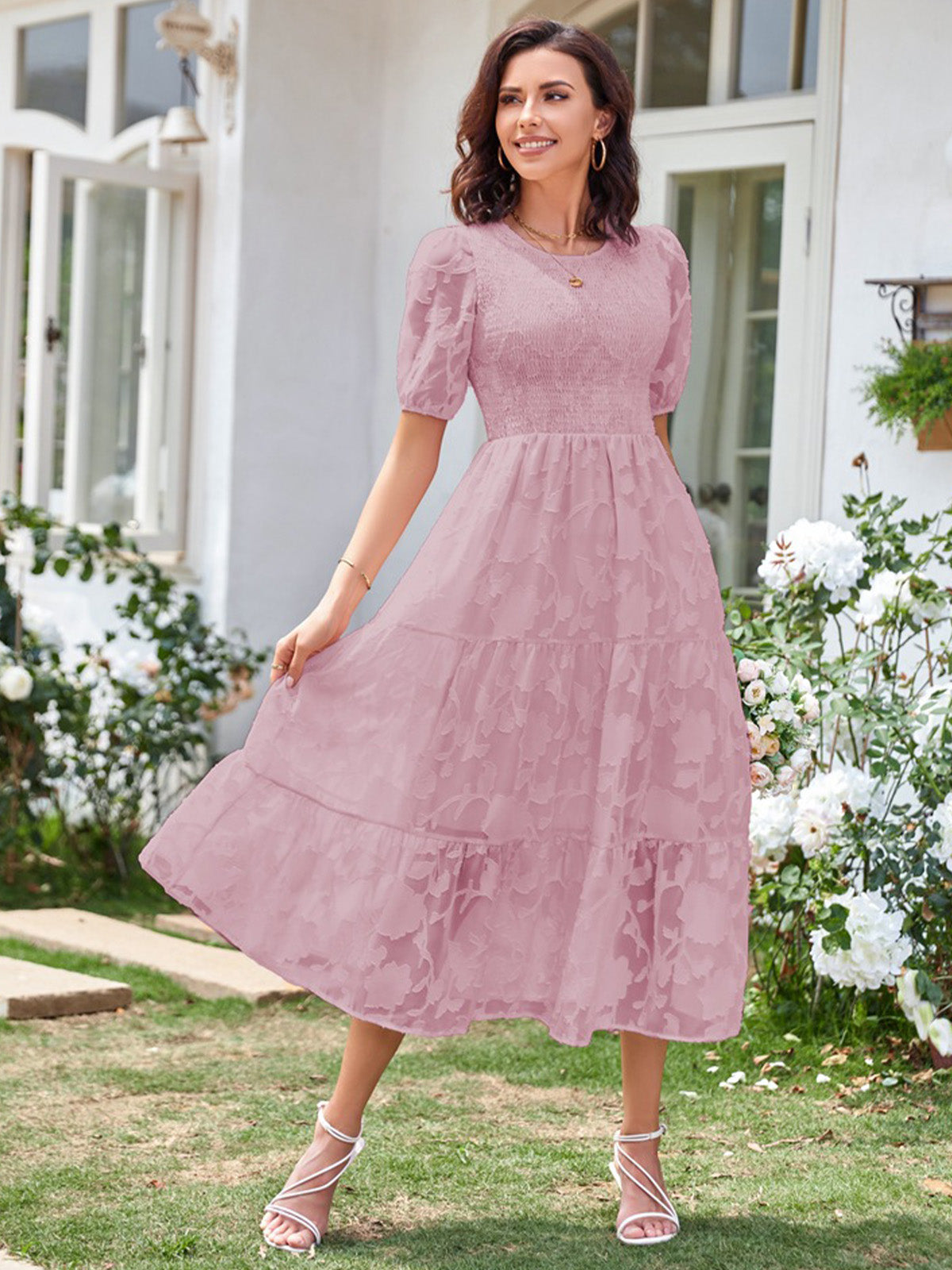 Round Neck Ruffled Bubble Sleeve Dress