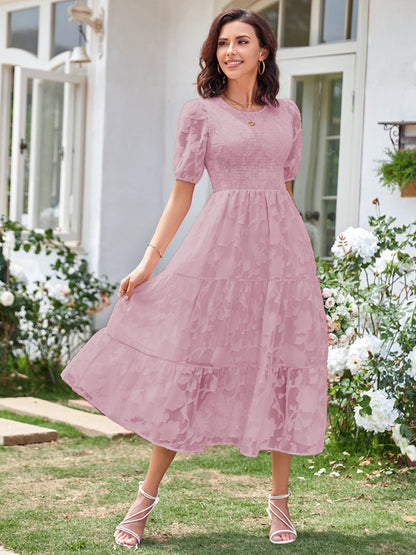 Round Neck Ruffled Bubble Sleeve Dress