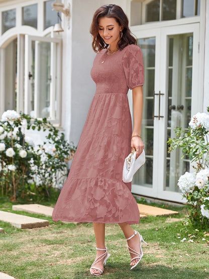 Round Neck Ruffled Bubble Sleeve Dress