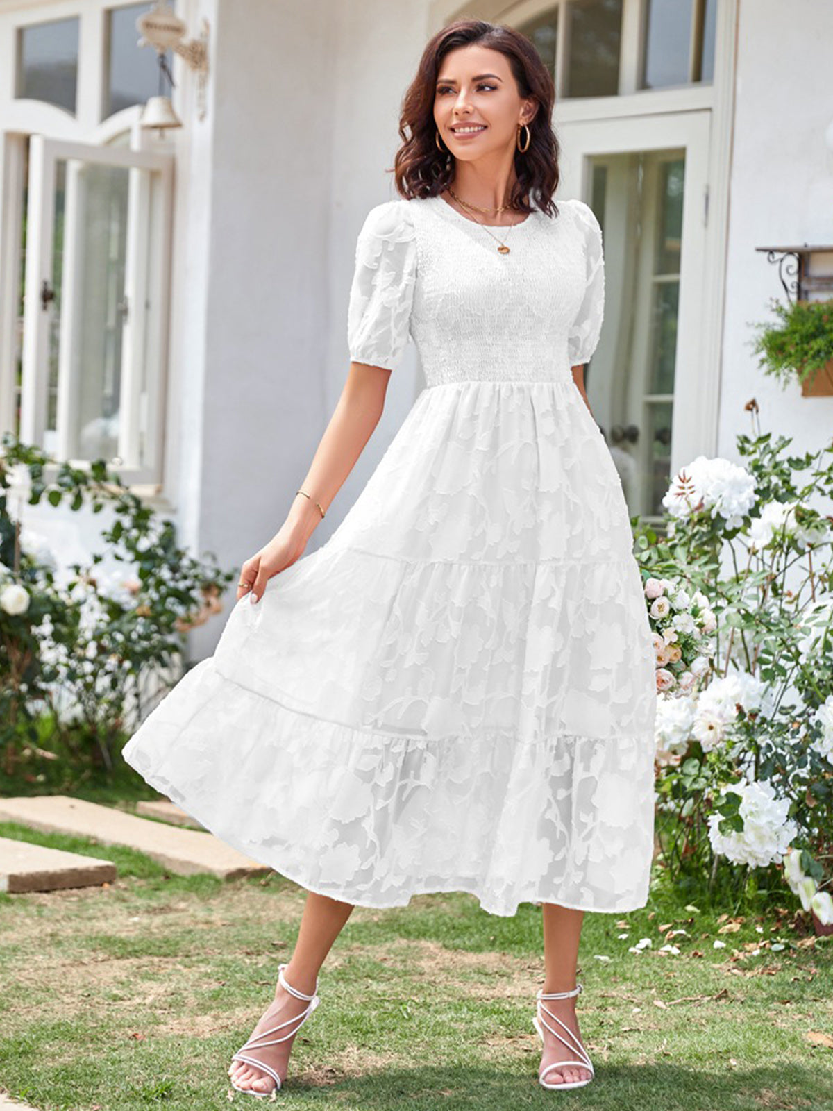 Round Neck Ruffled Bubble Sleeve Dress