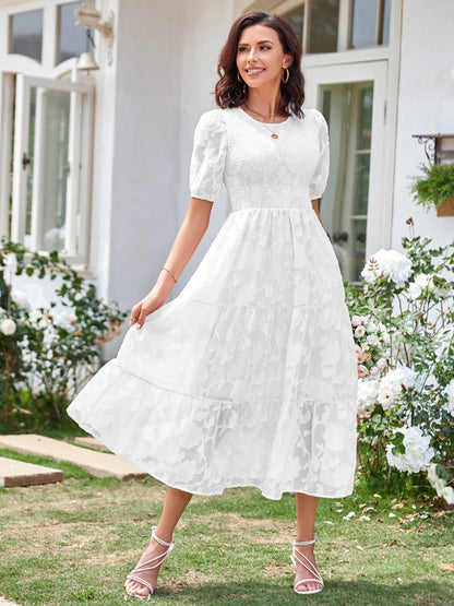 Round Neck Ruffled Bubble Sleeve Dress