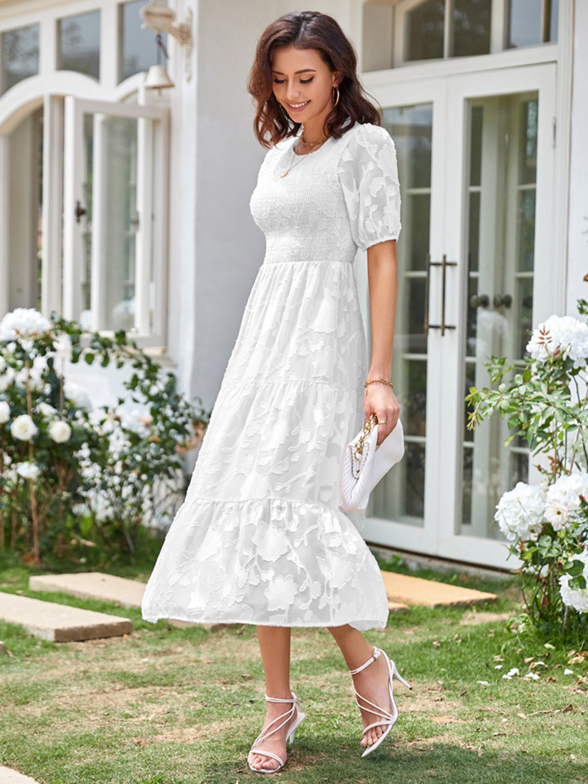 Round Neck Ruffled Bubble Sleeve Dress