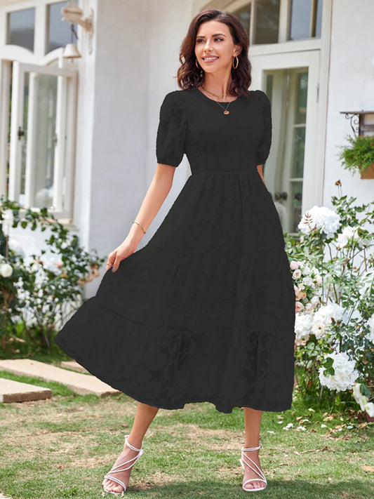 Round Neck Ruffled Bubble Sleeve Dress