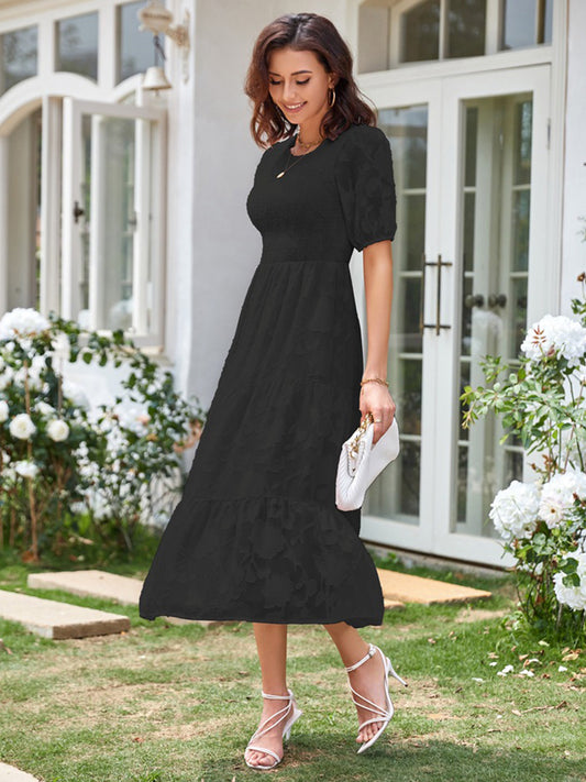 Round Neck Ruffled Bubble Sleeve Dress
