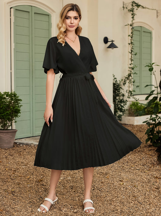 V-Neck Tie Waist Pleated Dress