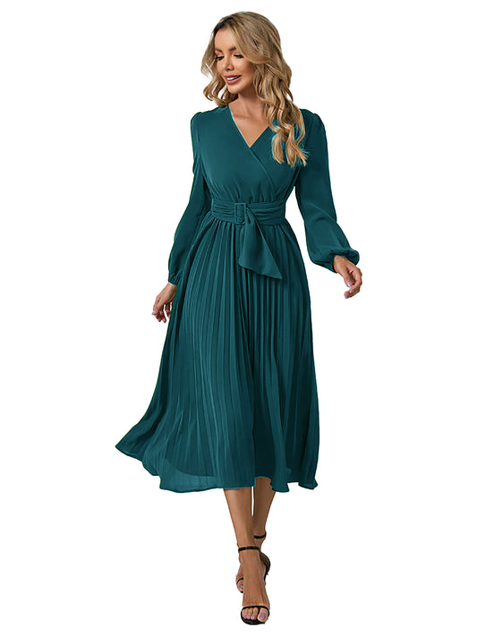 V Neck Long Sleeve A Line Pleated Dress