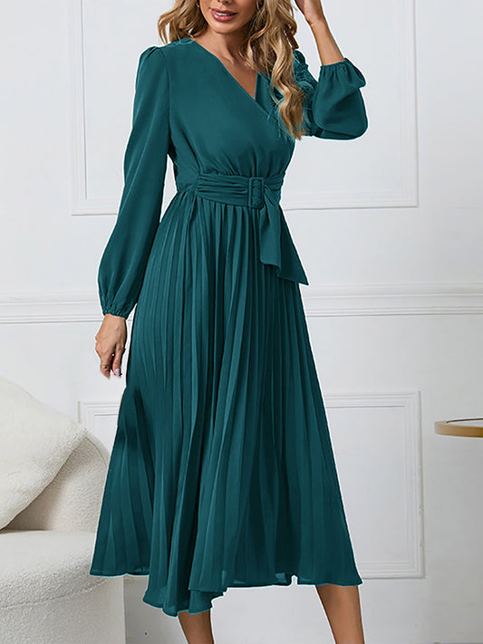 V Neck Long Sleeve A Line Pleated Dress
