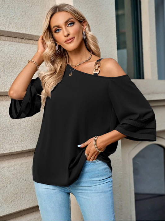 3/4 Flare Sleeve Mesh Blouse