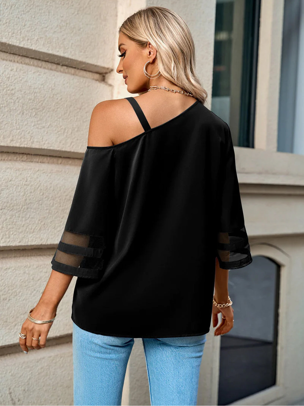 3/4 Flare Sleeve Mesh Blouse
